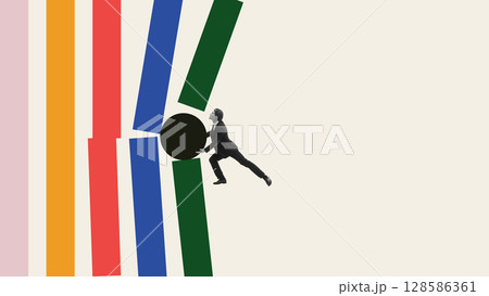 Collage of businessman pushing black sphere through abstract striped barriers Collage of businessman pushing black sphere through abstract striped barriers 128586361