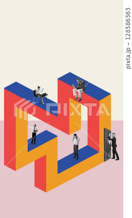 Collage of businesspeople trapped in optical illusion structure representing workplace complexity 128586363