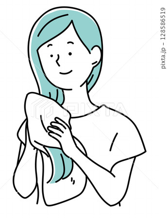 タオルで髪を乾かす女性_単色 タオルで髪を乾かす女性_単色 128586519