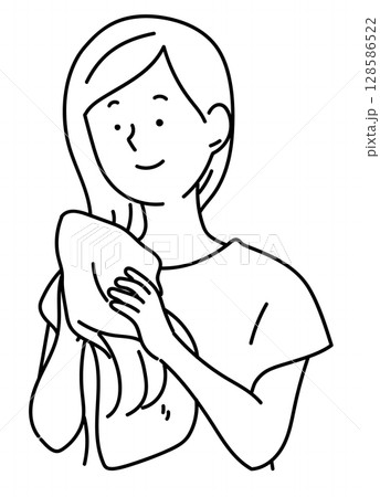 タオルで髪を乾かす女性_線画 タオルで髪を乾かす女性_線画 128586522