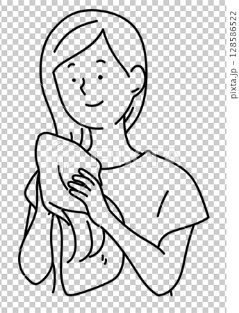 女人用毛巾擦乾頭髮_線條畫 女人用毛巾擦乾頭髮_線條畫 128586522