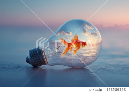 Goldfish swimming in a light bulb with clouds and water reflecting a tranquil sunset scene 128586528