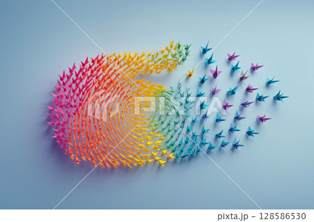 Colorful origami cranes create a swirling pattern representing unity and transformation in a serene setting 128586530
