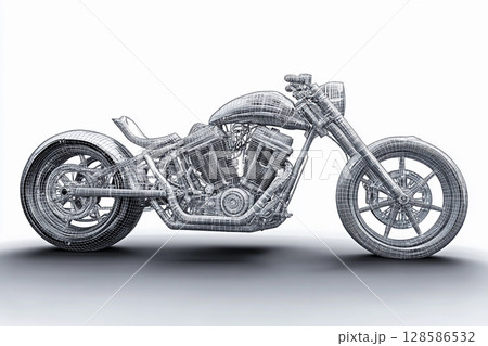 Creative Wireframe Rendering of a Stylish Chopper Motorcycle in Bright Setting. Generative AI 128586532