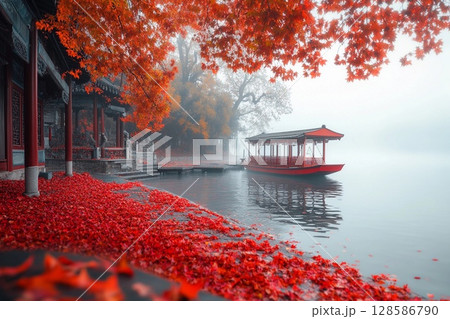 Serenity of Autumn on Hangzhou's Lake With a Boat Amid Vibrant Foliage. Generative AI 128586790