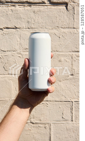 Hand holding blank beverage can for summer drink brand mockup on neutral wall 128587051