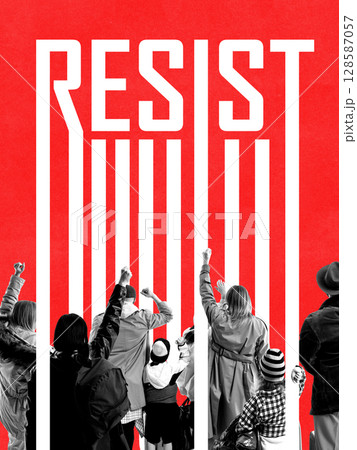 Collage of protesters raising fists in front of RESIST sign turned into prison bars 128587057