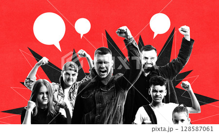 Bold collage of angry protesting people with speech bubbles on red background 128587061