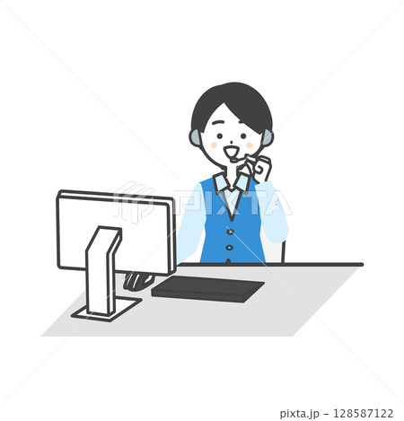 モニターを確認しながらインカムで話す制服姿の女性オペレーターイラスト 128587122