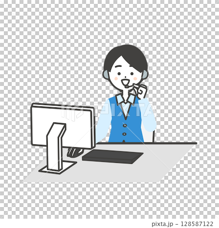 モニターを確認しながらインカムで話す制服姿の女性オペレーターイラスト 128587122