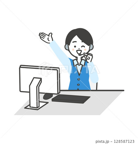 パソコンデスクに座る元気な制服姿の女性オペレーターイラスト パソコンデスクに座る元気な制服姿の女性オペレーターイラスト 128587123