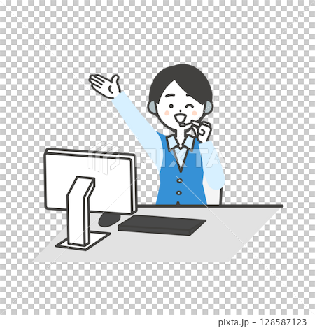 パソコンデスクに座る元気な制服姿の女性オペレーターイラスト パソコンデスクに座る元気な制服姿の女性オペレーターイラスト 128587123
