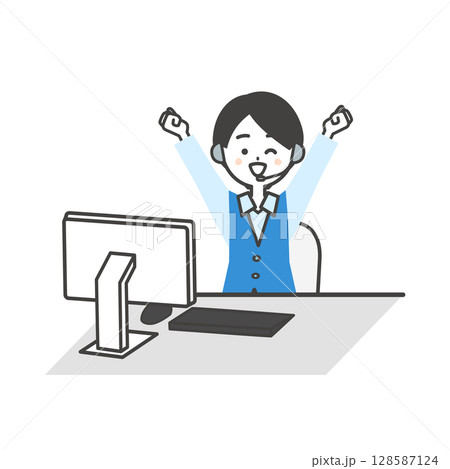 パソコンデスクに座る元気な制服姿の女性オペレーターイラスト 128587124
