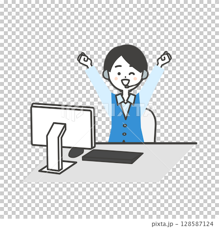 パソコンデスクに座る元気な制服姿の女性オペレーターイラスト 128587124