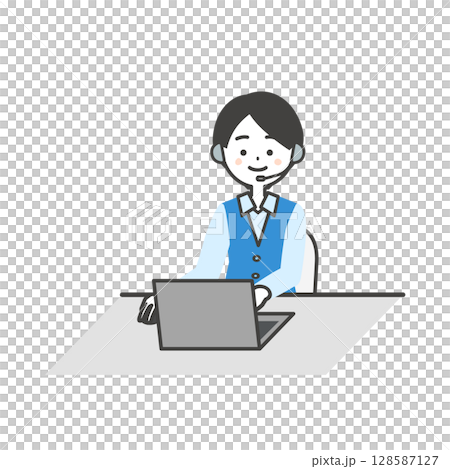 Illustration of a female operator in uniform operating a laptop computer 128587127
