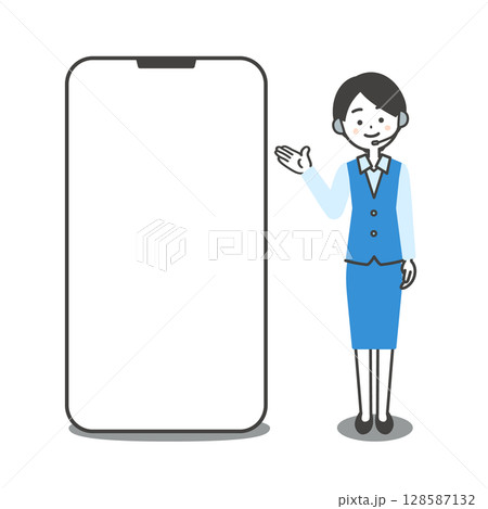 大きなスマホを手で指す制服姿の女性オペレーターイラスト 大きなスマホを手で指す制服姿の女性オペレーターイラスト 128587132