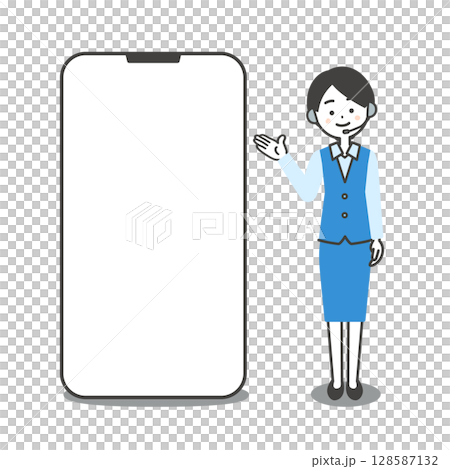 大きなスマホを手で指す制服姿の女性オペレーターイラスト 大きなスマホを手で指す制服姿の女性オペレーターイラスト 128587132