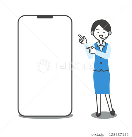 大きなスマホを指差す制服姿の女性オペレーターイラスト 128587133