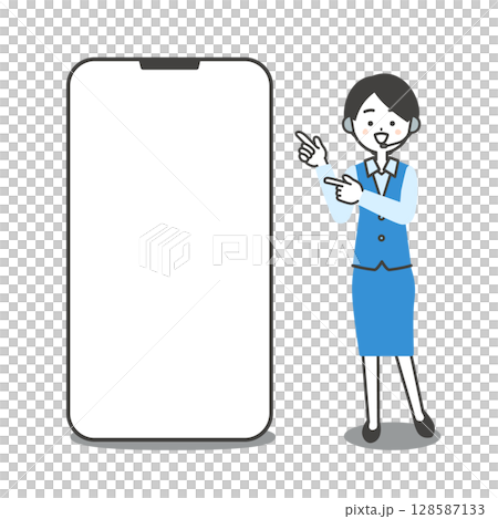 大きなスマホを指差す制服姿の女性オペレーターイラスト 128587133