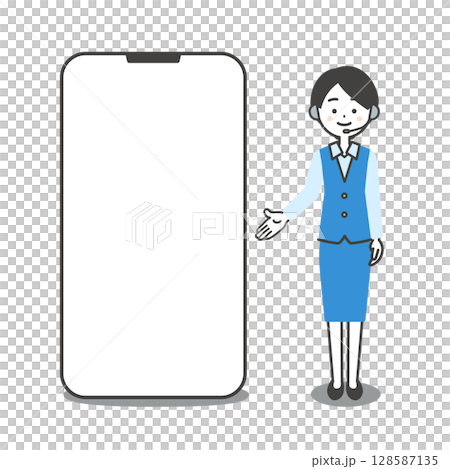 Illustration of a female operator in uniform pointing at a large smartphone Illustration of a female operator in uniform pointing at a large smartphone 128587135