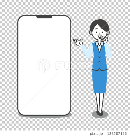 Illustration of a female operator in uniform talking while pointing at a large smartphone 128587136