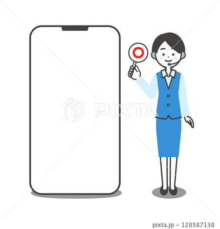 大きなスマホの横で正解の札を持つ制服姿の女性オペレーターイラスト 128587138