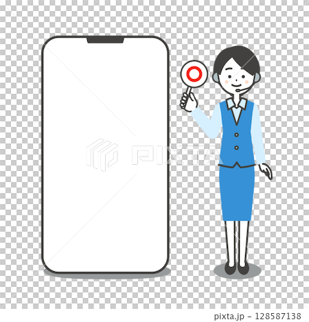 大きなスマホの横で正解の札を持つ制服姿の女性オペレーターイラスト 128587138