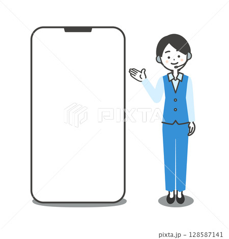 大きなスマホを手で指すパンツスーツ姿の女性オペレーターイラスト 大きなスマホを手で指すパンツスーツ姿の女性オペレーターイラスト 128587141