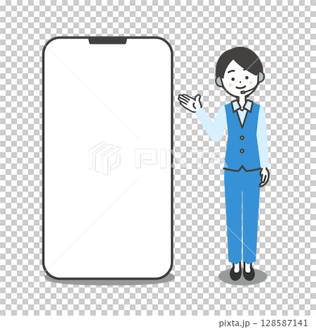 大きなスマホを手で指すパンツスーツ姿の女性オペレーターイラスト 大きなスマホを手で指すパンツスーツ姿の女性オペレーターイラスト 128587141