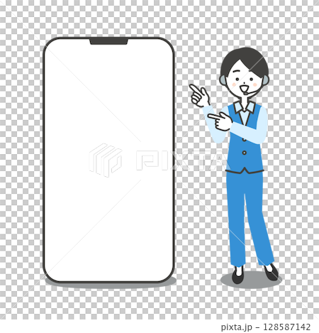Illustration of a female operator in a pantsuit pointing at a large smartphone 128587142