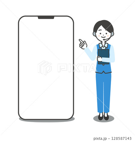 大きなスマホを指で刺すパンツスーツ姿の女性オペレーターイラスト 128587143