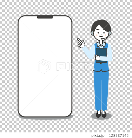 大きなスマホを指で刺すパンツスーツ姿の女性オペレーターイラスト 128587143