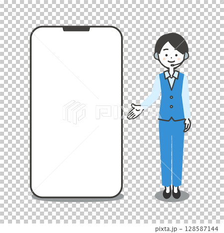 Illustration of a female operator in a pantsuit pointing at a large smartphone Illustration of a female operator in a pantsuit pointing at a large smartphone 128587144