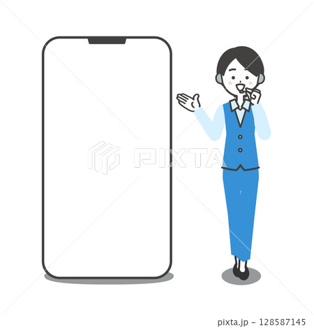 大きなスマホを指しながら話すパンツスーツ姿の女性オペレーターイラスト 128587145