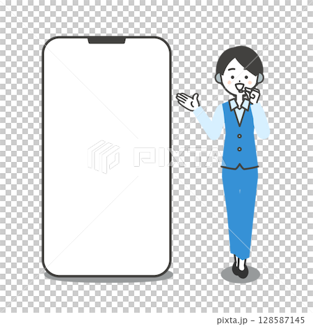 Illustration of a female operator in a pantsuit talking while pointing at a large smartphone Illustration of a female operator in a pantsuit talking while pointing at a large smartphone 128587145