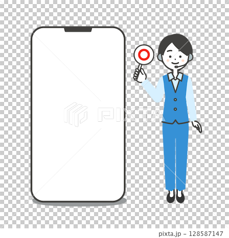 Illustration of a female operator in a pantsuit holding a correct answer card next to a large smartphone Illustration of a female operator in a pantsuit holding a correct answer card next to a large smartphone 128587147