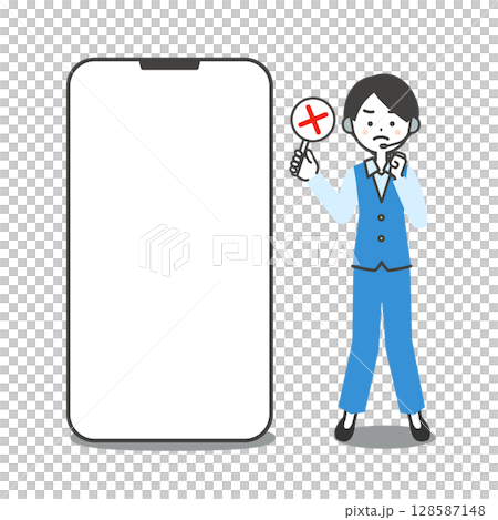 Illustration of a female operator in a pantsuit holding an incorrect answer card next to a large smartphone Illustration of a female operator in a pantsuit holding an incorrect answer card next to a large smartphone 128587148