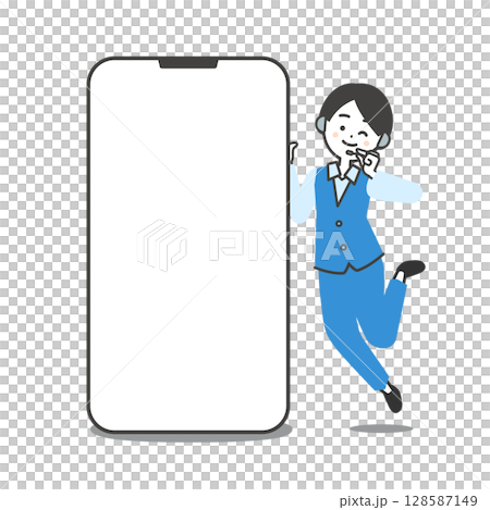 Illustration of a female operator in a pantsuit jumping next to a large smartphone Illustration of a female operator in a pantsuit jumping next to a large smartphone 128587149