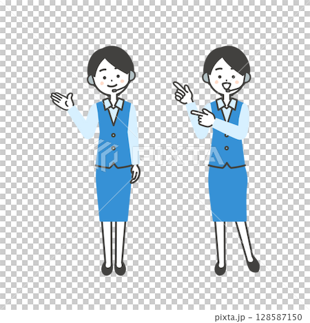 Illustration of a female operator in uniform pointing with her hand and finger Illustration of a female operator in uniform pointing with her hand and finger 128587150