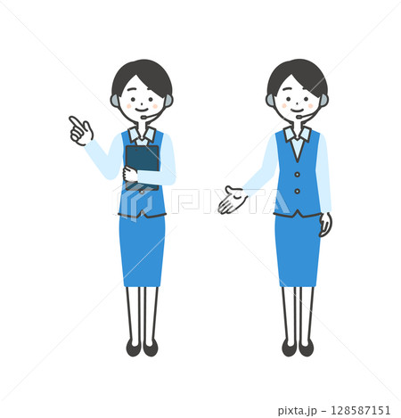 手と指で指し示す制服姿の女性オペレーターイラスト 手と指で指し示す制服姿の女性オペレーターイラスト 128587151