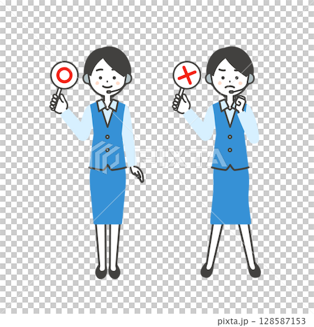 マルバツの札を持つ制服姿の女性オペレーターイラスト 128587153