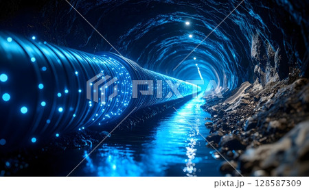 Futuristic Pipeline Inside a Dark Cave Tunnel 128587309