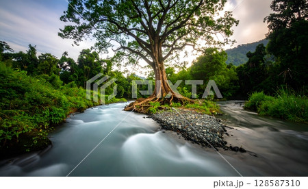 Serene River Flowing Past Ancient Tree Roots in Lush Forest 128587310
