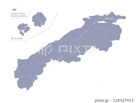 グレー色の島根県の行政区分付き地図 128587453