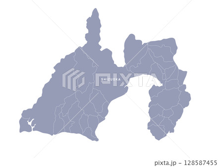 グレー色の静岡県の行政区分付き地図 128587455