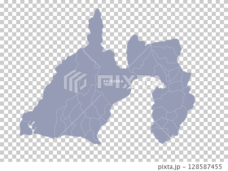 グレー色の静岡県の行政区分付き地図 128587455