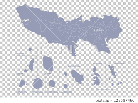グレー色の東京都の行政区分付き地図（島） 128587460