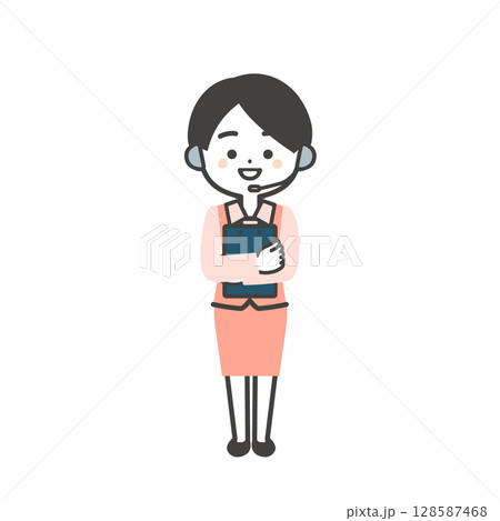 資料を抱きかかえる制服姿の3頭身女性オペレーターイラスト 128587468
