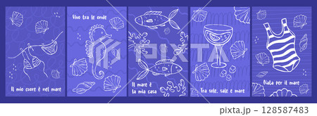 Mediterranean blue Posters set. la dolce vita. Isolated outline Hand drawing with Italian beach quotes. Vector Vintage Summer vacation vertical Postcard with sea animal, drink, swimsuit, shell. Not AI 128587483