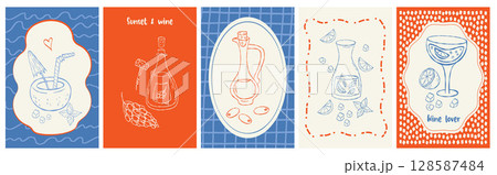 Mediterranean beach Posters set. Dolce vita aesthetics hand drawing. Isolated outline Vector Vintage Summer vertical cards with coconut tropical cocktail, olive oil, wine, lemonade, limoncello. Not AI 128587484